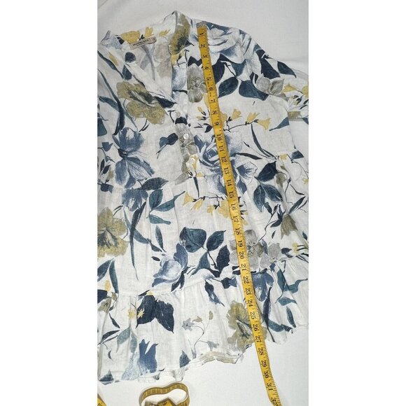 Valentina Naldi Italy Linen Top Sz M Floral Blue 1/2 Bell Sleeve Ruffle Artsy - Picture 4 of 13